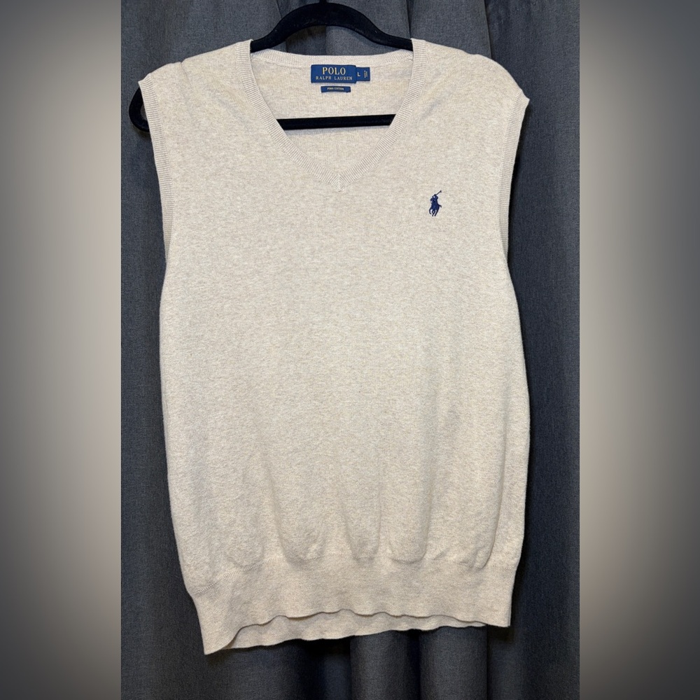 Polo by Ralph Lauren Knit Sweater Vest Mens Large Tan 100 % Cotton blue Pony